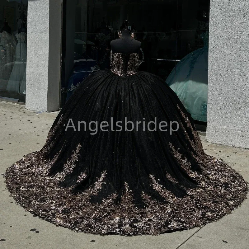 Angelsbride Black Glitter Tulle Sweetheart Vestido De 15 Quinceañera With Gpld Appliques Ball Gown Quinnceanera Dresses