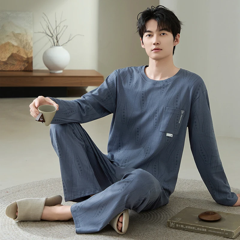 Plus Size L-5XL  Men Pajamas Set Knited Cotton Sleepwear Male Autumn Long Sleeve Pyjamas