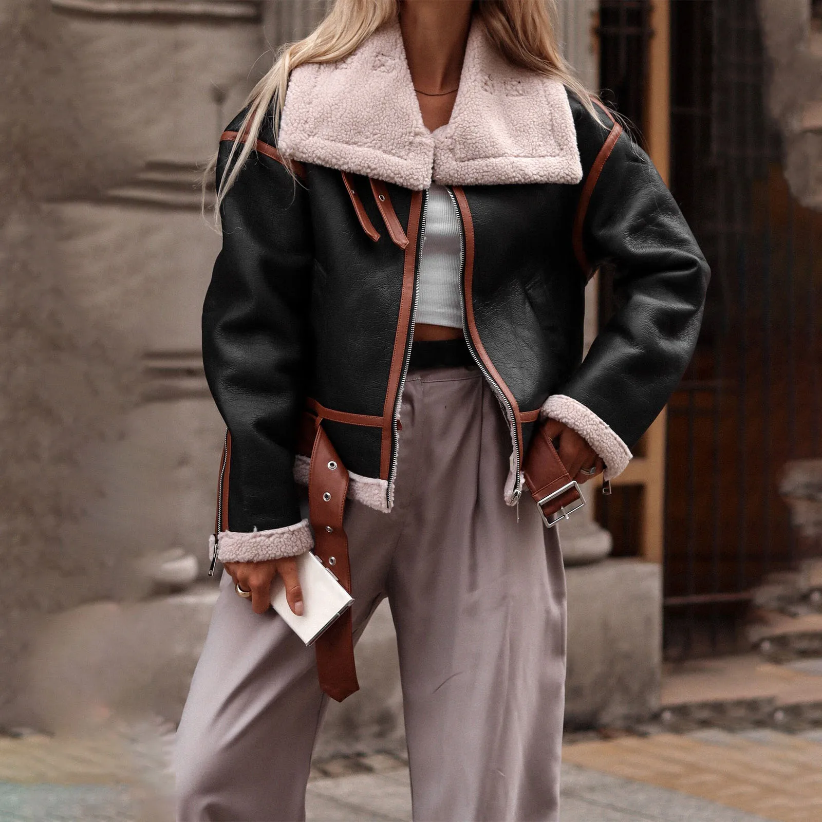 

Fashion Women's Motorcycle Jacket Casual Patchwork Long Sleeve Zipper Cardigan for Fall Clothes Outwear Streetwear Autumn