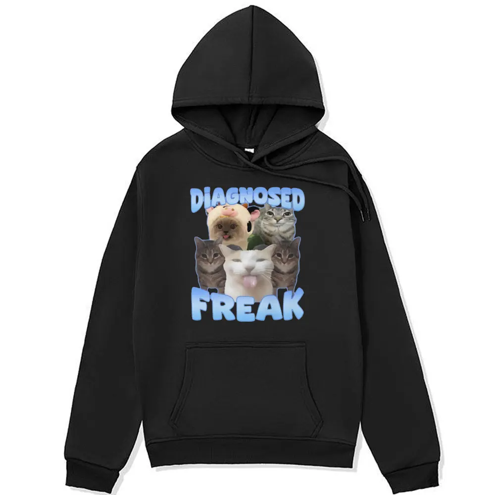 Diagnosed Freak Funny Watermelon Cat Meme Print Hoodie Male Aesthetic Oversized Sweatshirts Men Women Cartoon Fleece Pullover