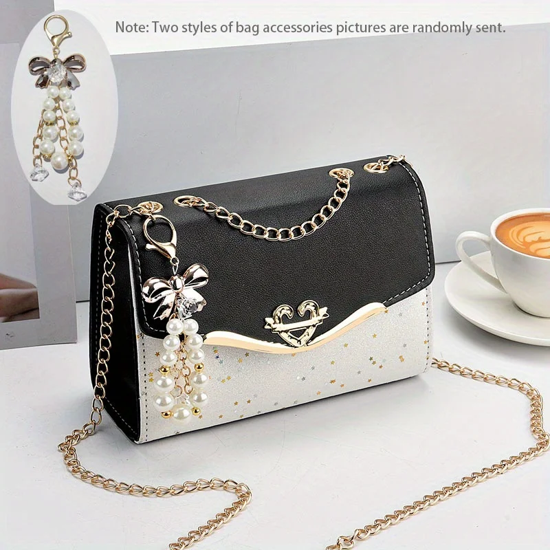 Star Sequins Crossbody Clutch Bag Lady Sweet Fashion Chain Shoulder Bag Women Heart & Bow Decor Square Purse