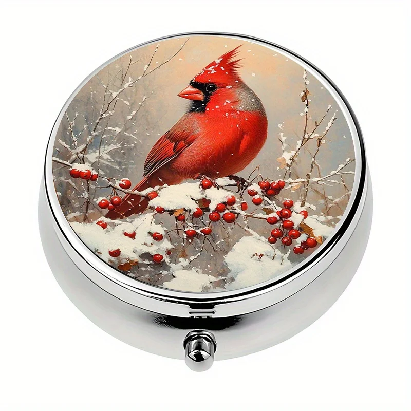 1-Piece Three-Compartment Storage Box, Winter Cardinal Theme Container, Storage Organizer, Decorative Vitamin Storage Bag, Can Be Placed in or Carried in a Handbag