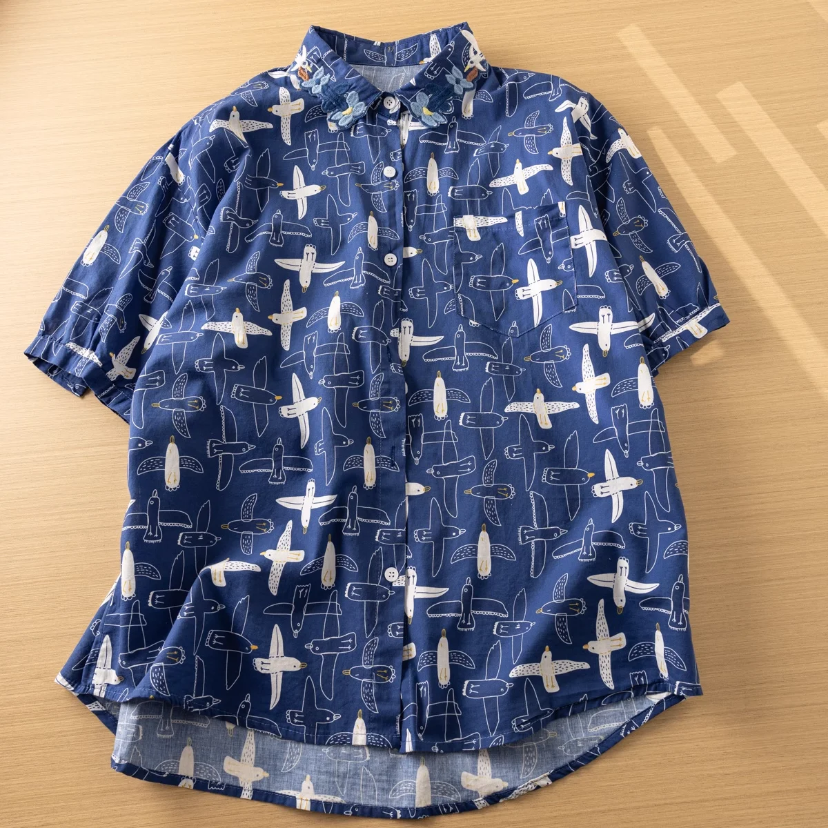 Japan Harajuku Fashion Cartoon Birds Print Cotton Blue Short Sleeve Blouse Women Summer Original Design Embroidery Shirts