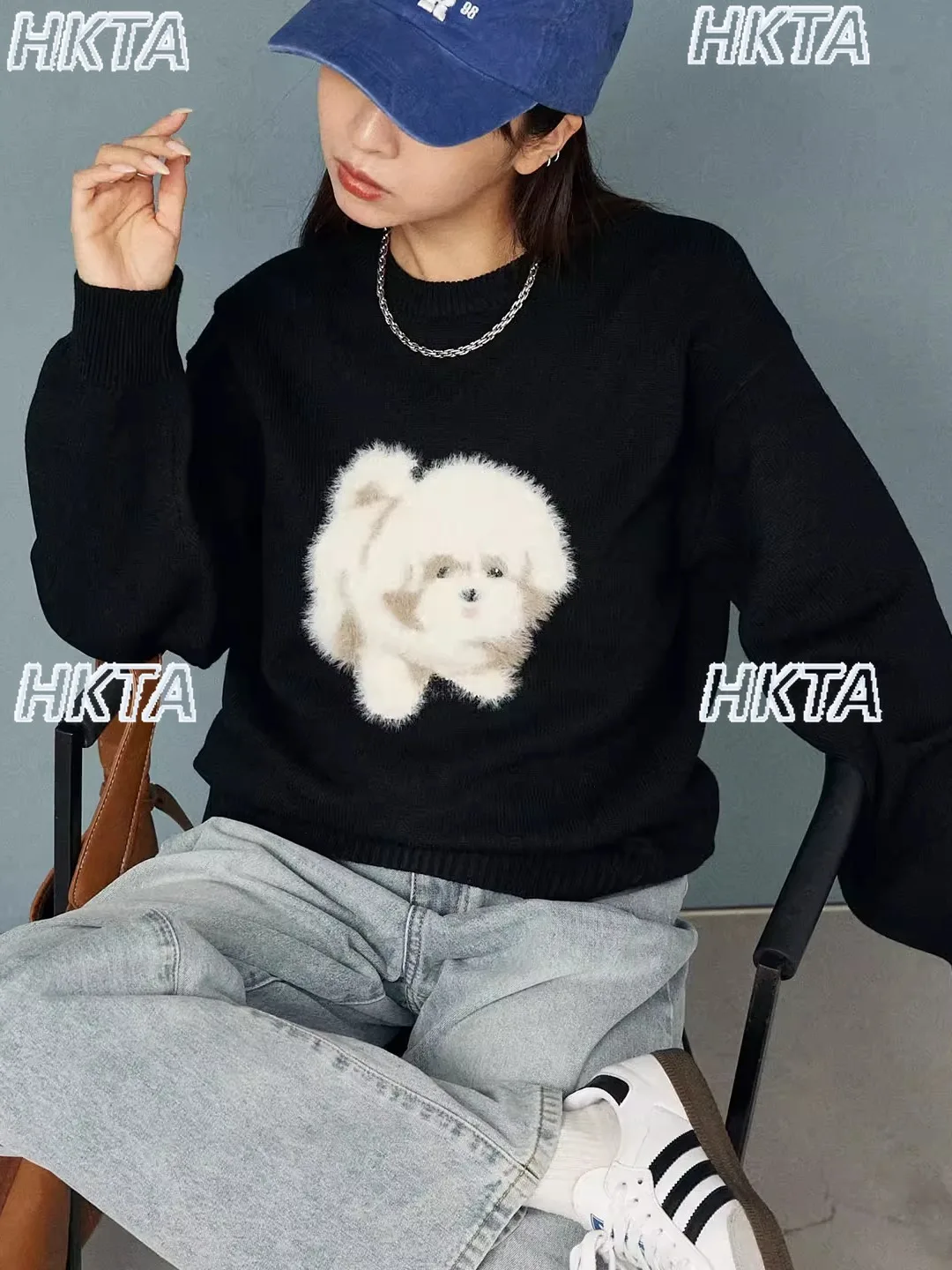 Sweet Commute 2025 Autumn Winter Plush Cartoon Pattern Round Neck Loose Knitted Pullover Top Long Sleeve Black Sweater for Women