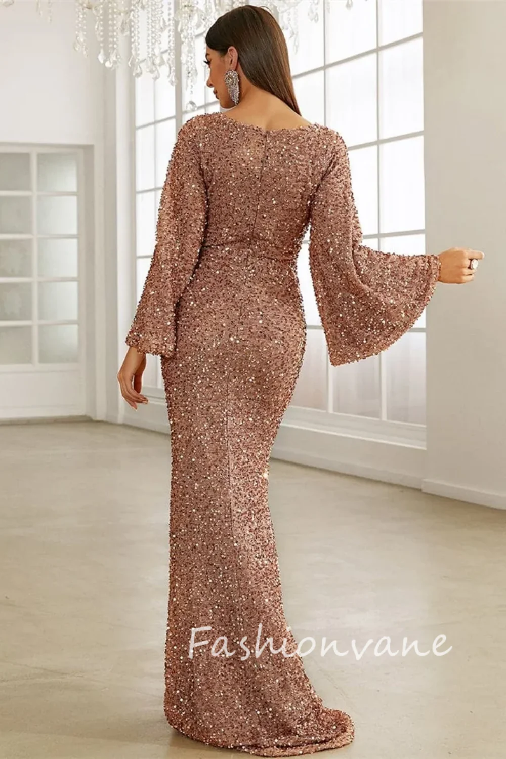 Fashionvane 2024 Customized Mermaid Sweetheart Neck Long Sleeves Fully Sequins Floor Length Saudi Arabia Formal Party Gown