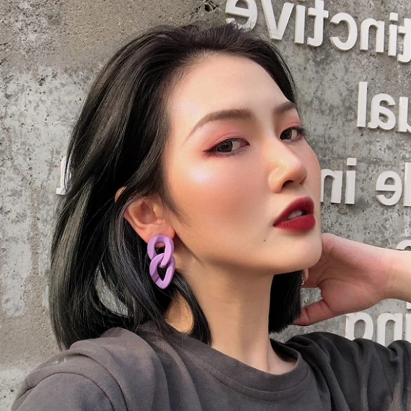 Purple Color Chain Acrylic Long Dangle Earring for Women Rubber Paint Geometric Jewelry Accessory Wholesale Christmas Gift Girl