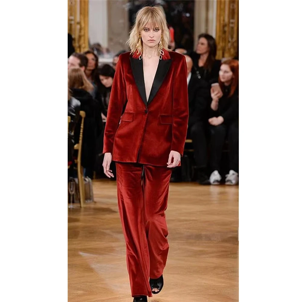 Velvet Red Women Pants Suit Office Lady Single Breasted Blazer with Pants Customized Women's Work Wear Pantsuit