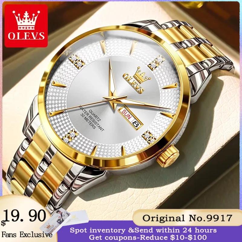 OLEVS 9917 New Men\'s Quartz Watch Fashion Luxury Diamond Watch Classic Business Automatic Date Week Watch Men\'s Waterproof Watch