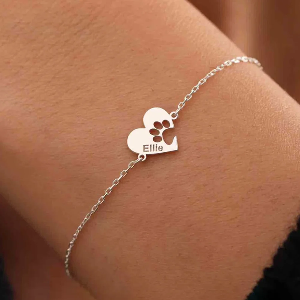 Custom Heart Names Bracelet For Women Stainless Steel Hollow Letters Paw Print Hand Chain Girl Cute Personalized Wrist Jewelry