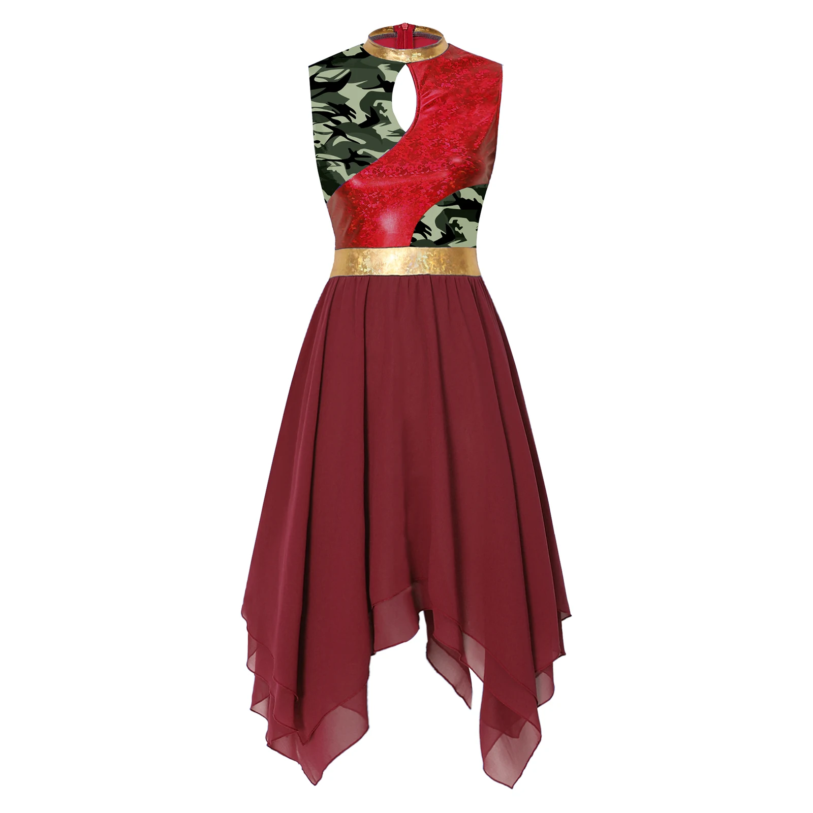 Damen-Lyrik-Tanzkleid, Kostüm für Gottesdienste und Lobgesänge, mit Metallic-Print, aufgesetztem Oberteil, Schlüssellochausschnitt vorne, ärmellos, unregelmäßiger Saum, Tunika-Kleid. – Detail 9
