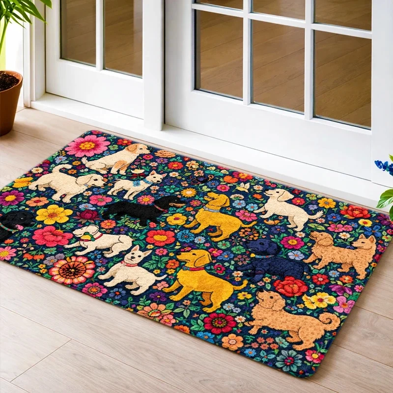 1pc, 2pcs, 3pcs Dog Floral Pattern Non - Slip Doormat, Flannel Durable Stain - Resistant Washable Mat, Universal Indoor Outdoor Entry Rug, Kitchen Bedroom