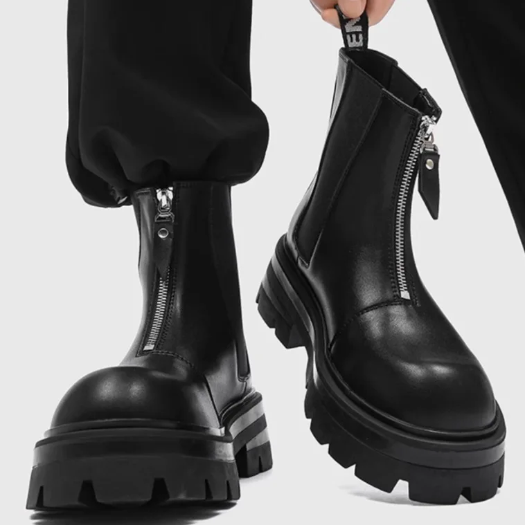 

Men Black Boots With Fake Zipper Round Toe Increase Shoes
