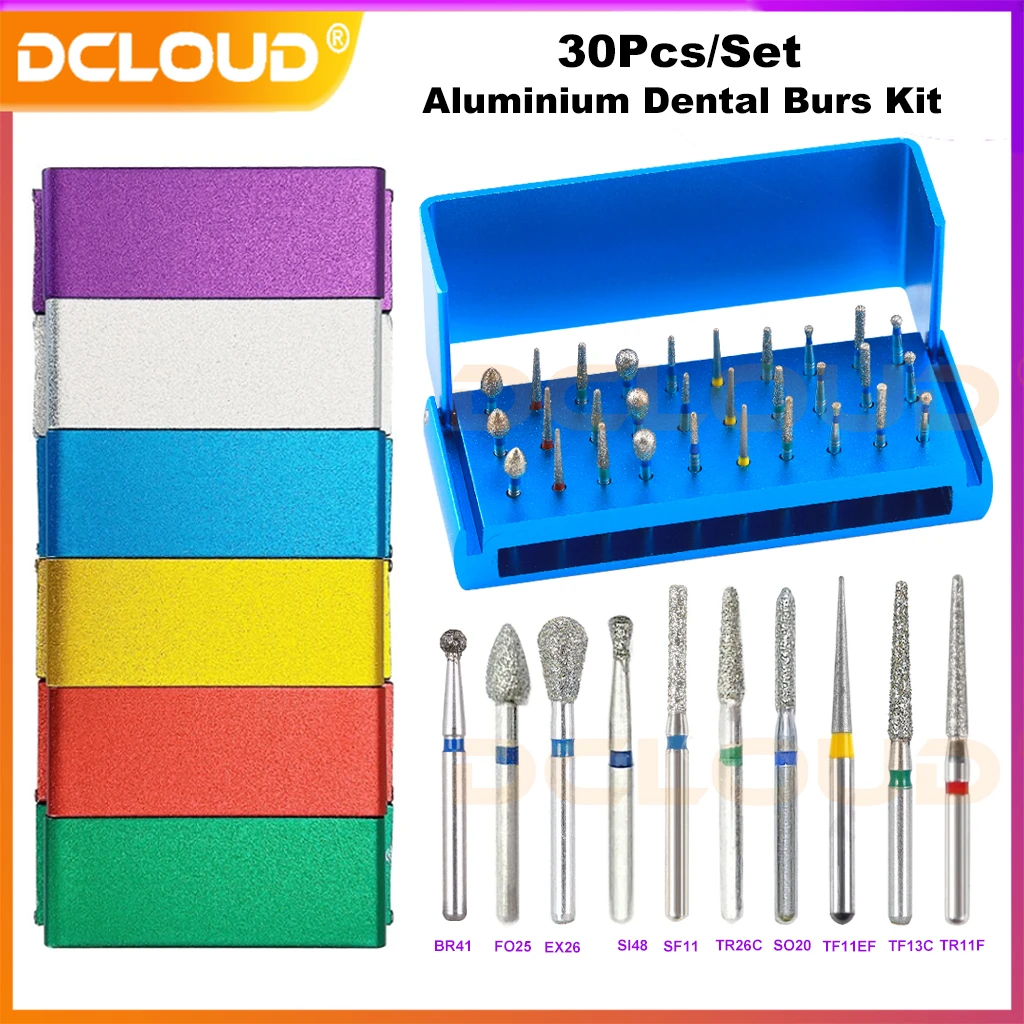 30Pcs/Set Dental Diamond Burs Drill Holder For 1.6mm High Speed Handpiece Burs Disinfection Colorfu Aluminium Plac Placement Box