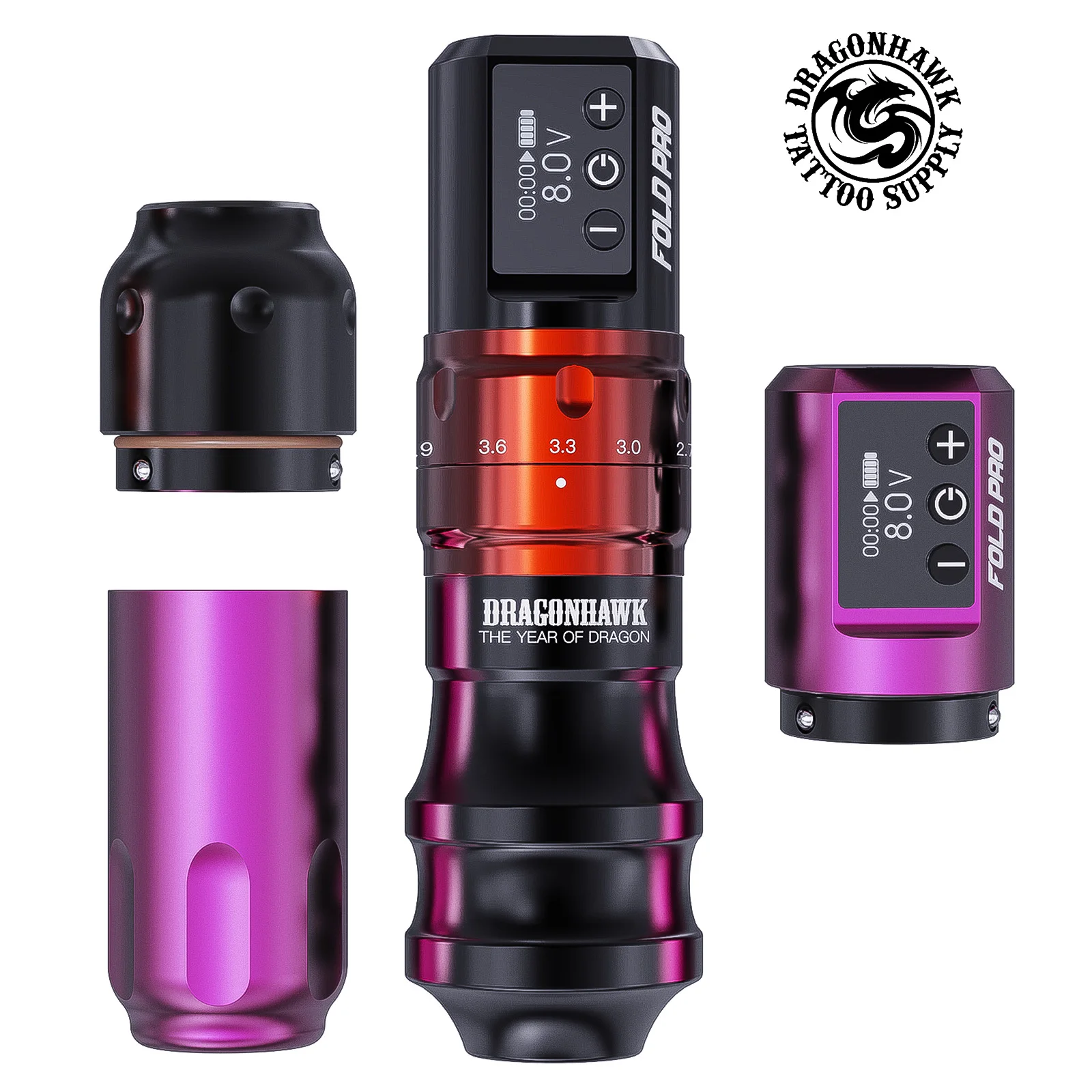 Dragonhawk Fold Pro Year of The Dragon Tattoo Machine 7 Strokes 2 Batteries Mcore-C3 Motor Quiet Operation for Lining Shading