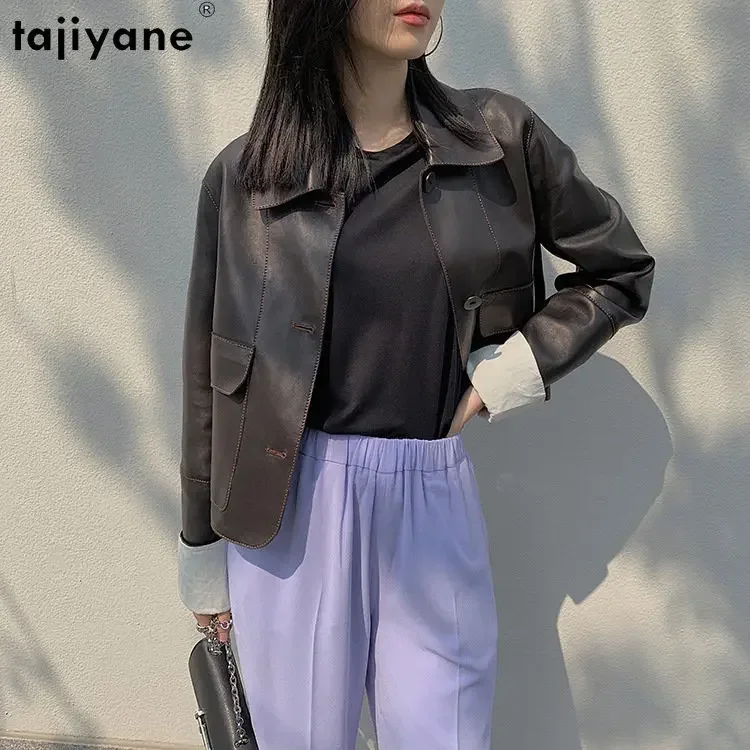 Tajeyane-Chaqueta de piel auténtica para mujer, abrigo de piel de oveja auténtica, holgado, corto, elegante, con botonadura única