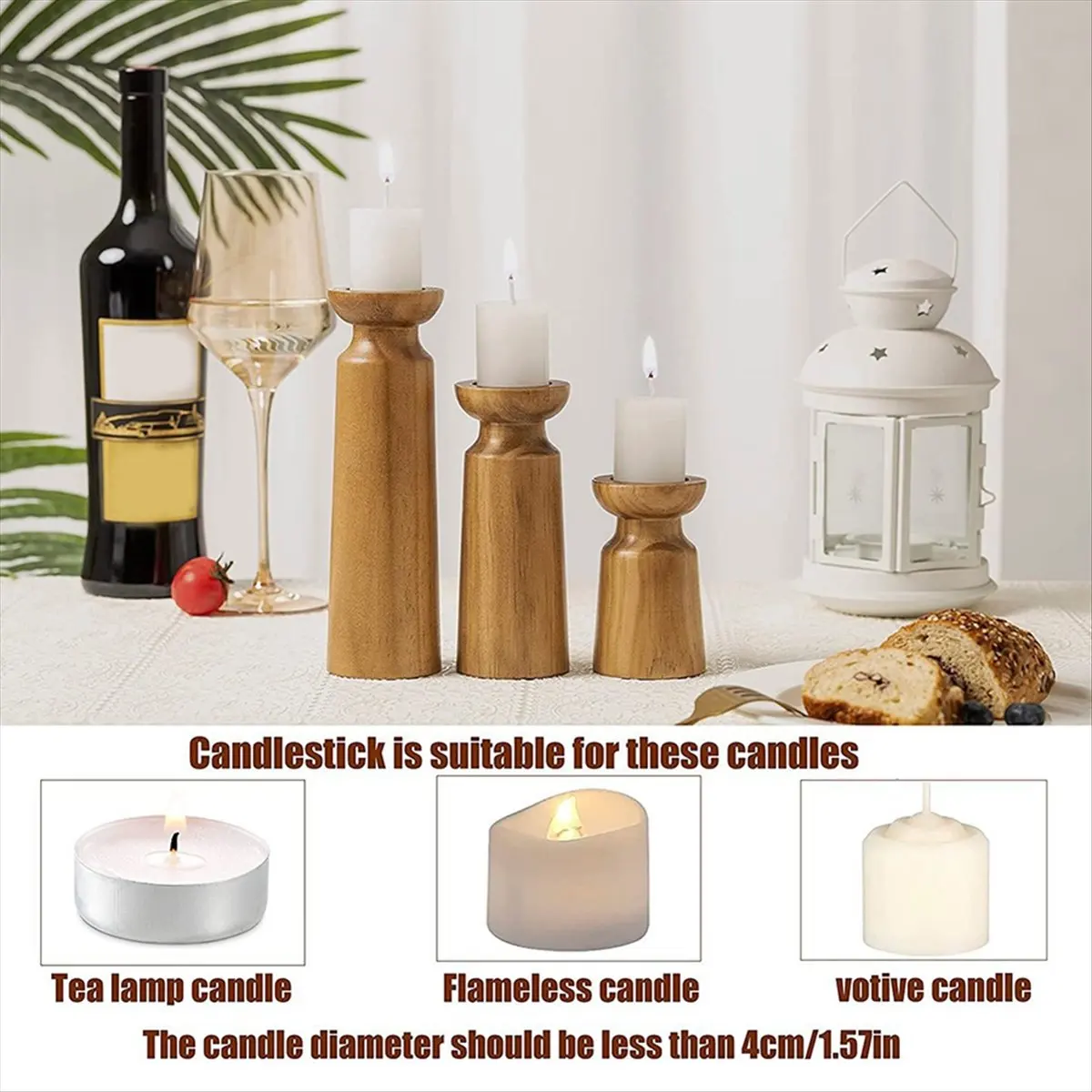A013 3PCS Porte-bougies en bois naturel, style rétro, chandeliers de mariage, décoration de table festive pour la maison et les fêtes