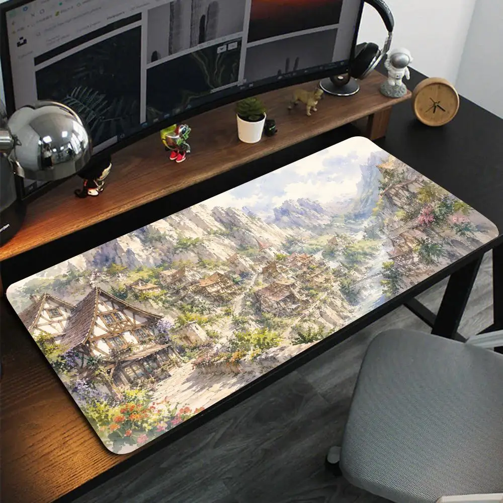 Watercolor Medieval Town Large Mouse Pad European Mountain Village Old Town Landscape Art Desk Mat for Home Office Gaming Decor