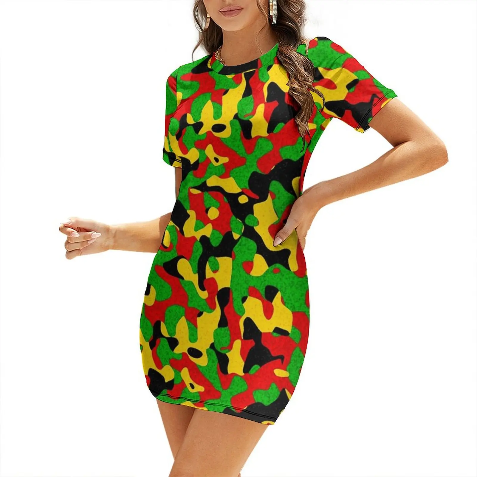 

Rastafari Camouflage Pattern Green Yellow red Black Short Sleeved Dress prom dress Women's summer skirt loose women's dress