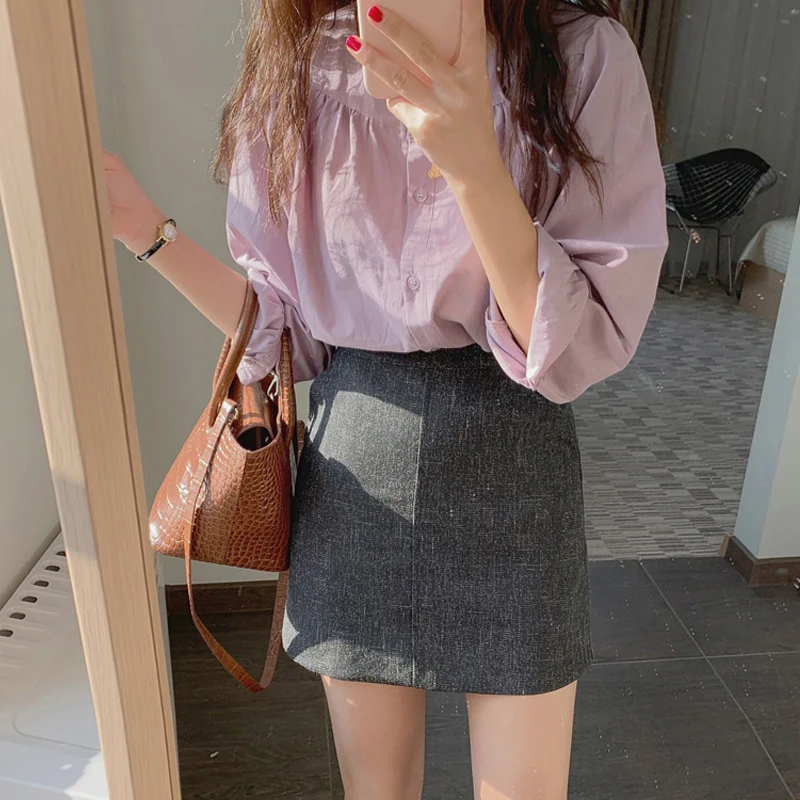 

Chic Early Autumn round Ne Bubble Sve Single Button Loose Long Sve irt Women's Retro Collar Versatile Korean Sle ...