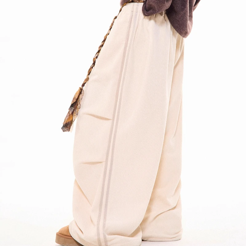 Original Retro Design Corduroy Drawstring Elastic Waist Women's Casual Pants Autumn New Loose Versatile Wide-Leg Trousers Ladies