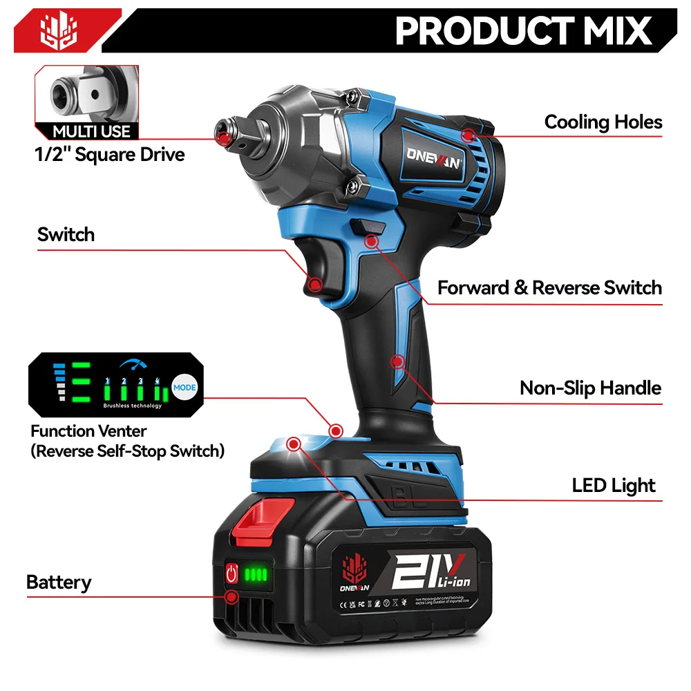ONEVAN 1200N.M Brushless Electric Impact Wrench 3 Funtion 1/2