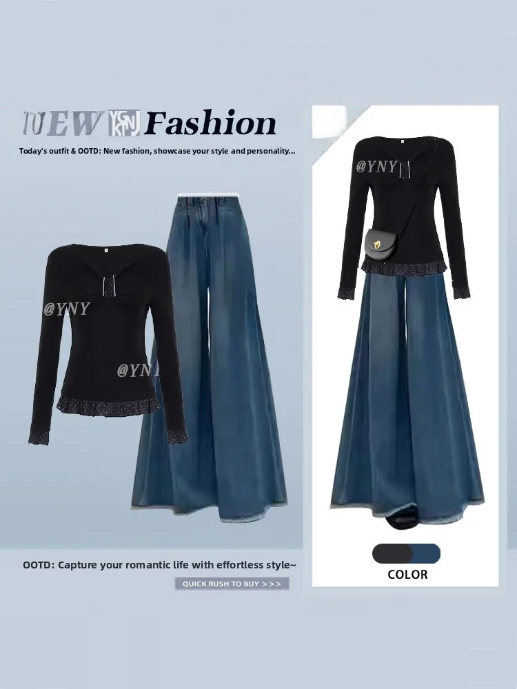

Spring Commute Sle Fake Two-Piece T-irt And Wide Leg Jeans Set Women's Faion Ensemble High Waist Long Sve round Ne