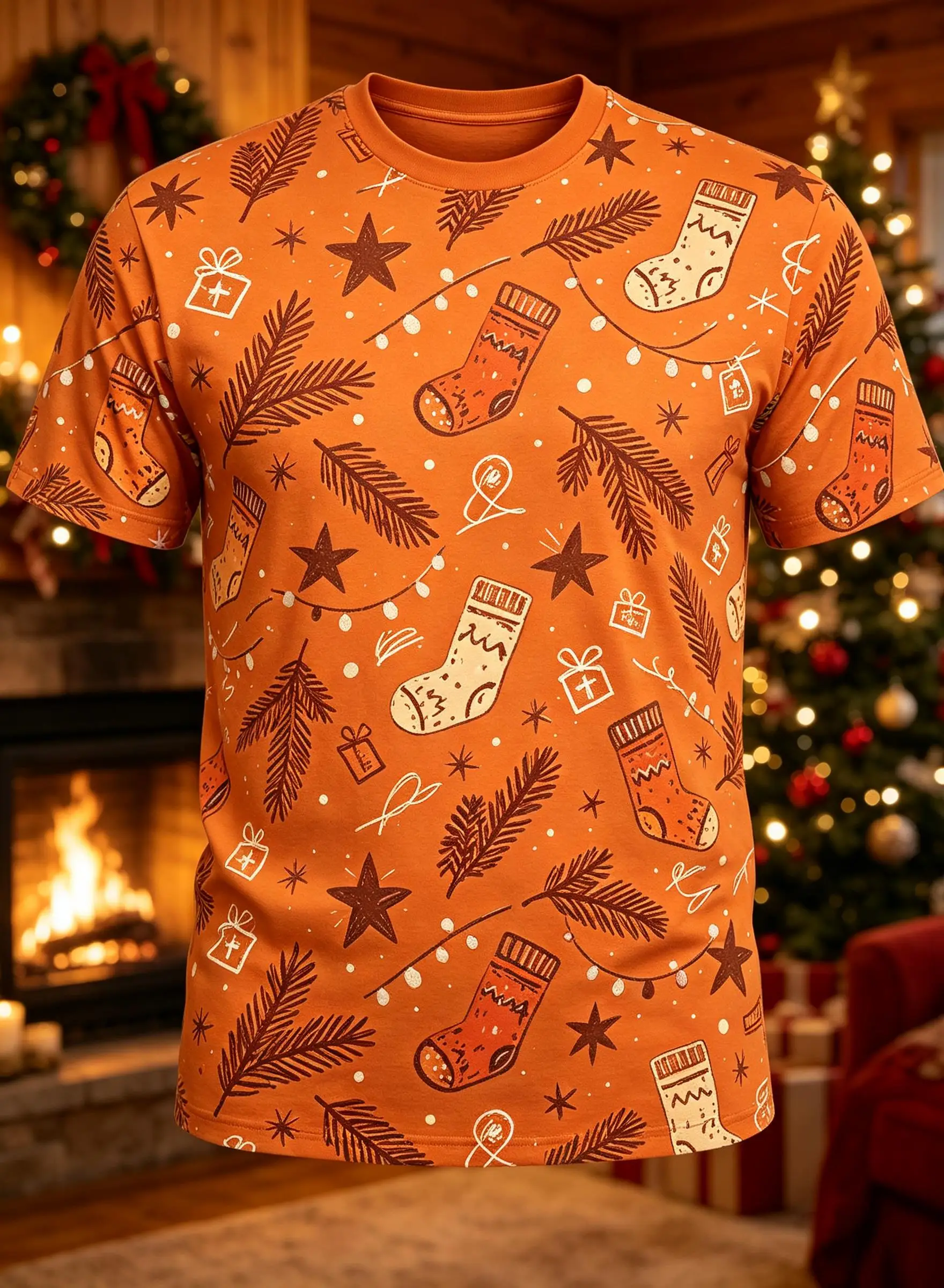 Men Crew Neck Short Sleeve T-shirt, Orange Xmas Sock Pine Branch Star Print Holiday Casual Tee