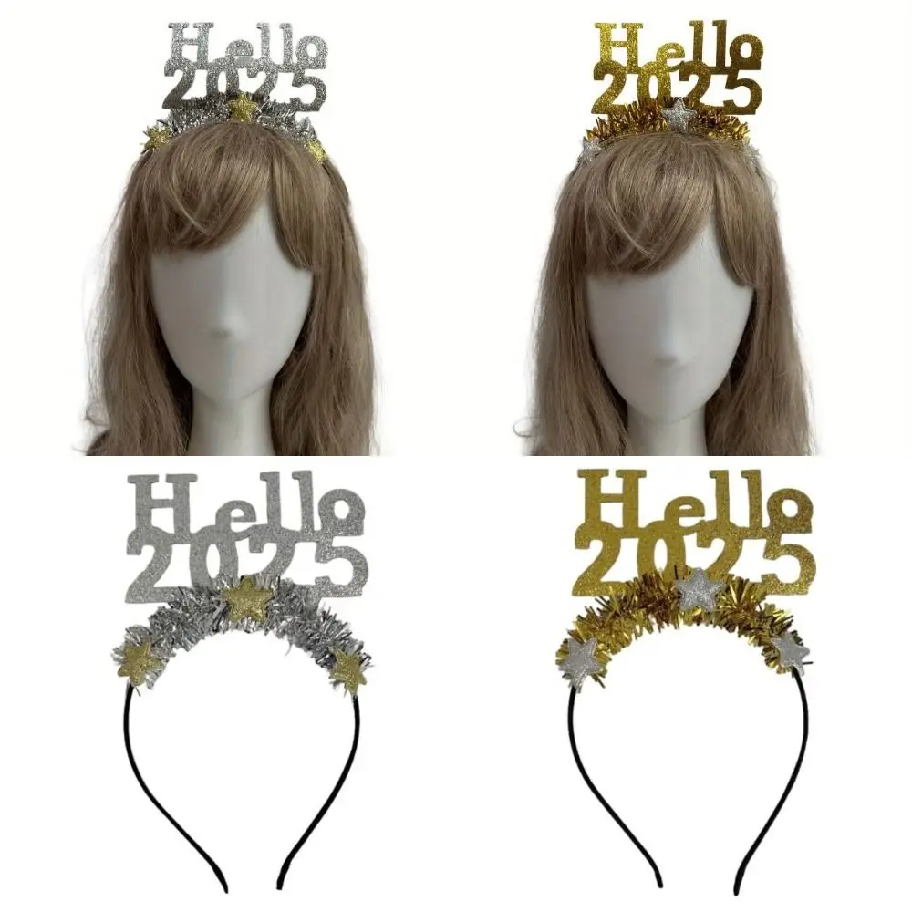 Hello 2025 Happy New Year Headband Sequin Crown New Year Decoration Headdress Star Headwear Glitter Hair Hoop Party Decoration