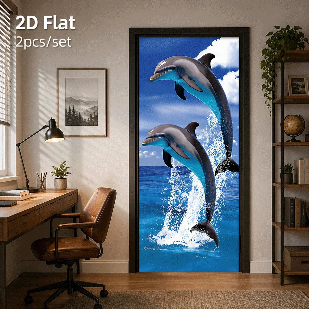 1 ocean leaping dolphin door sticker vividly reproduces the dynamic moment of dolphins leaping out of the sea in 2D plane