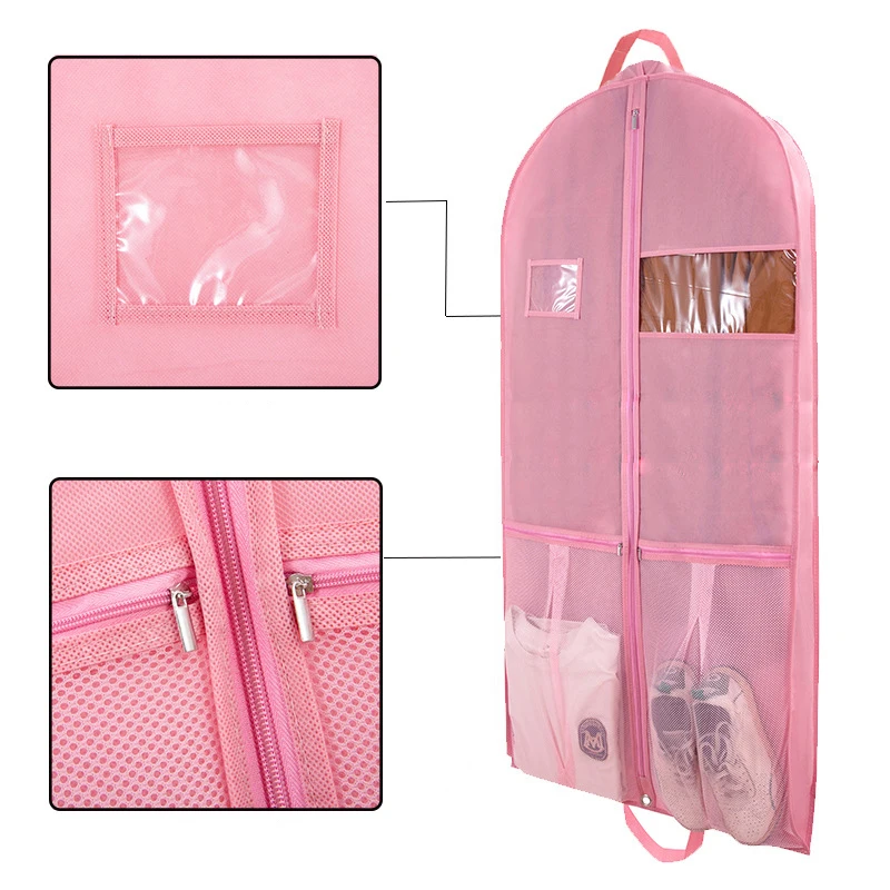 Pink Non-woven Dust Bag Hanging Garment Bag for Travel and Storage Zippered Clothes Bags with Mesh Pockets for Suit Shirt Dress