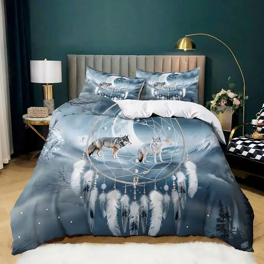 Wolf Duvet Cover Queen Boho Dream Catcher Comforter Cover Microfiber Woodland Wild Animal Wolf Bedding Set for Kids Boys Adults
