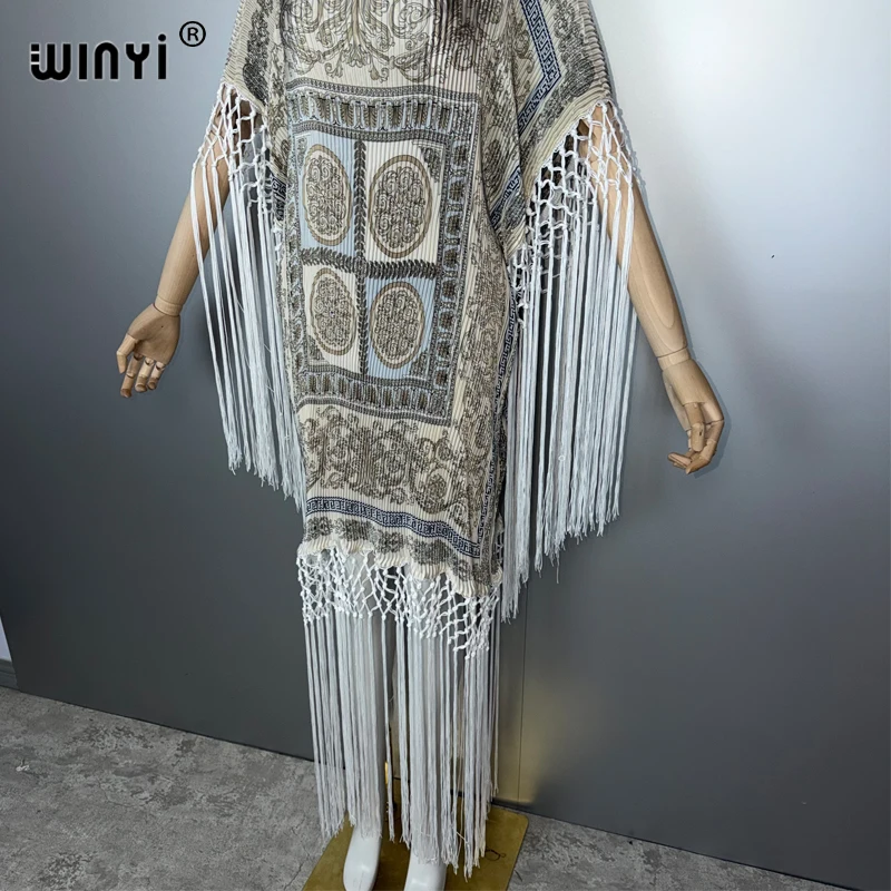 WINYI, vestido plisado de verano con flecos, caftán arrugado a la moda para mujer, bata bohemia holgada para vacaciones, vestido de noche elegante abaya de lujo de Dubái