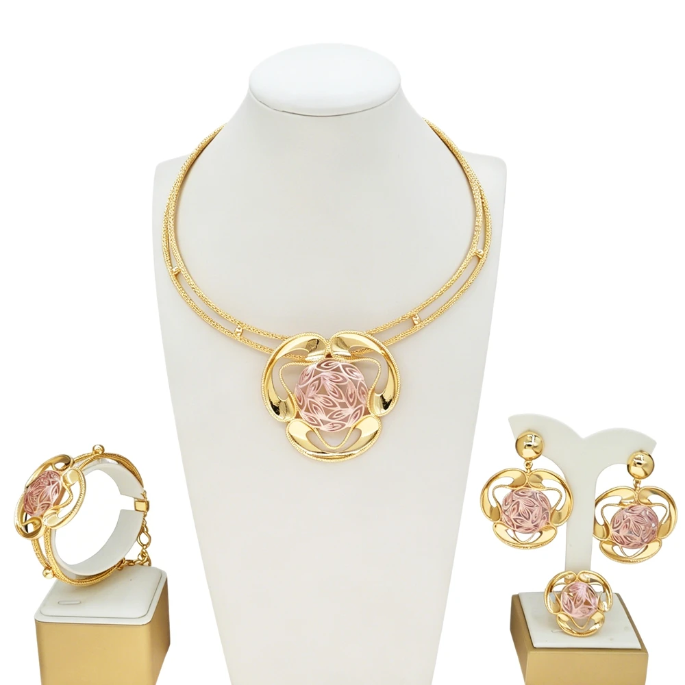 Brazilian Gold Plated Openwork Floral Ball Pendant Jewelry Set Dual Layer Mesh Snake Chain Full Statement Wedding Jewelry Set