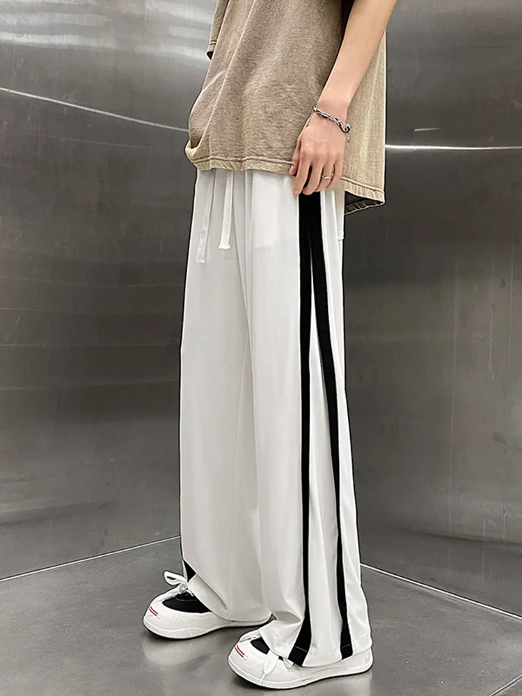 

Модные мужские летние брюки из ледяного шелка в полоску, свободные, удлиненные, повседневные, в уличном стиле, прямые, широкие, длинные штаны