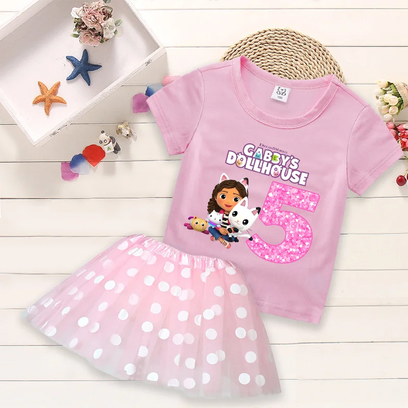 Gabby Dollhouse Kids T-shirt Dress Cartoon Summer Fashion Set Polka Dot Print Round Neck Pink Digit Clothing Girls Birthday Gift