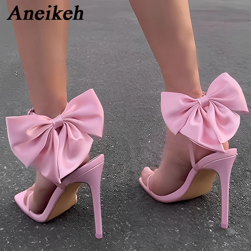 Aneikeh Summer 2024 Foreign Heels for Women High Heel Shoes Bowknot Personalized Square Open Toe Ankle Buckle Strap Party Shoes