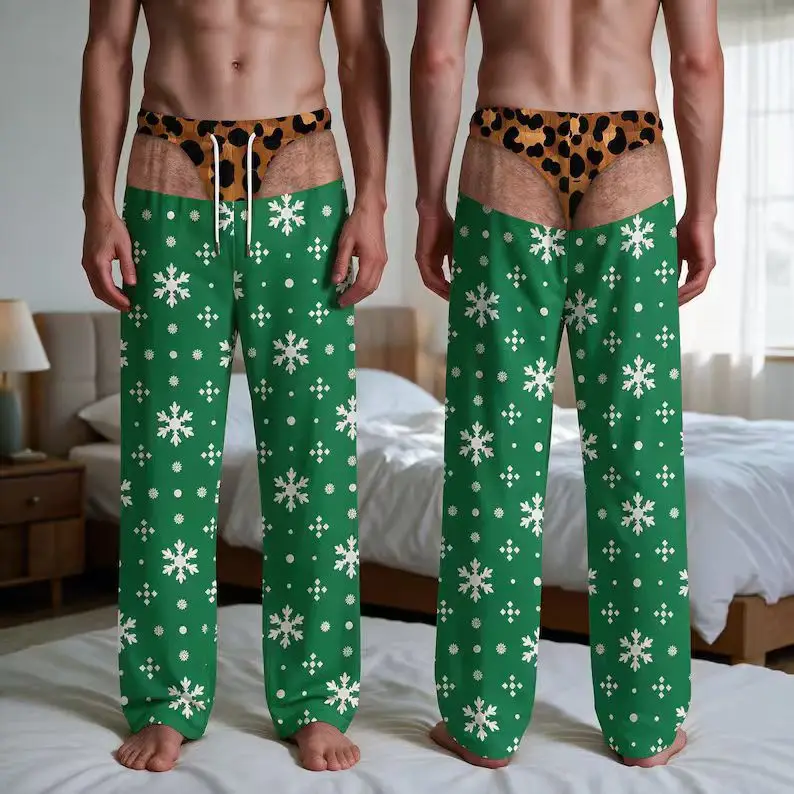 3D Santa Claus Head Print Men's Casual Wide-Leg Drawstring Sweatpants, Home Wear, Sleepwear, Everyday Wear