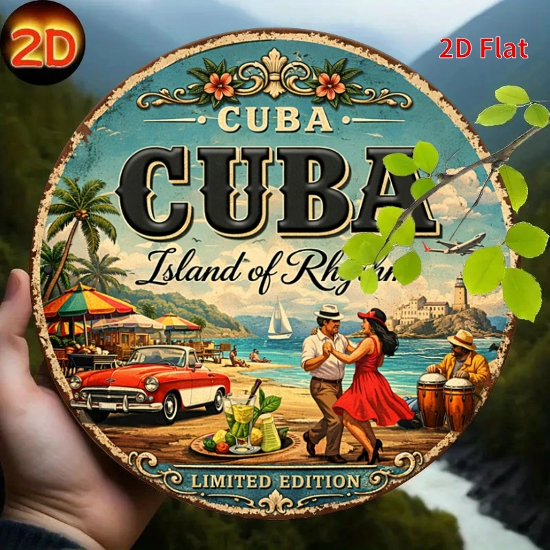 2D Flat, Decorative Sign 2D Flat, [2Dflat] 1pc 7.87x7.87inch- Cuba Island of Rhythm Vintage Metal Sign, Retro Havana Salsa Dance