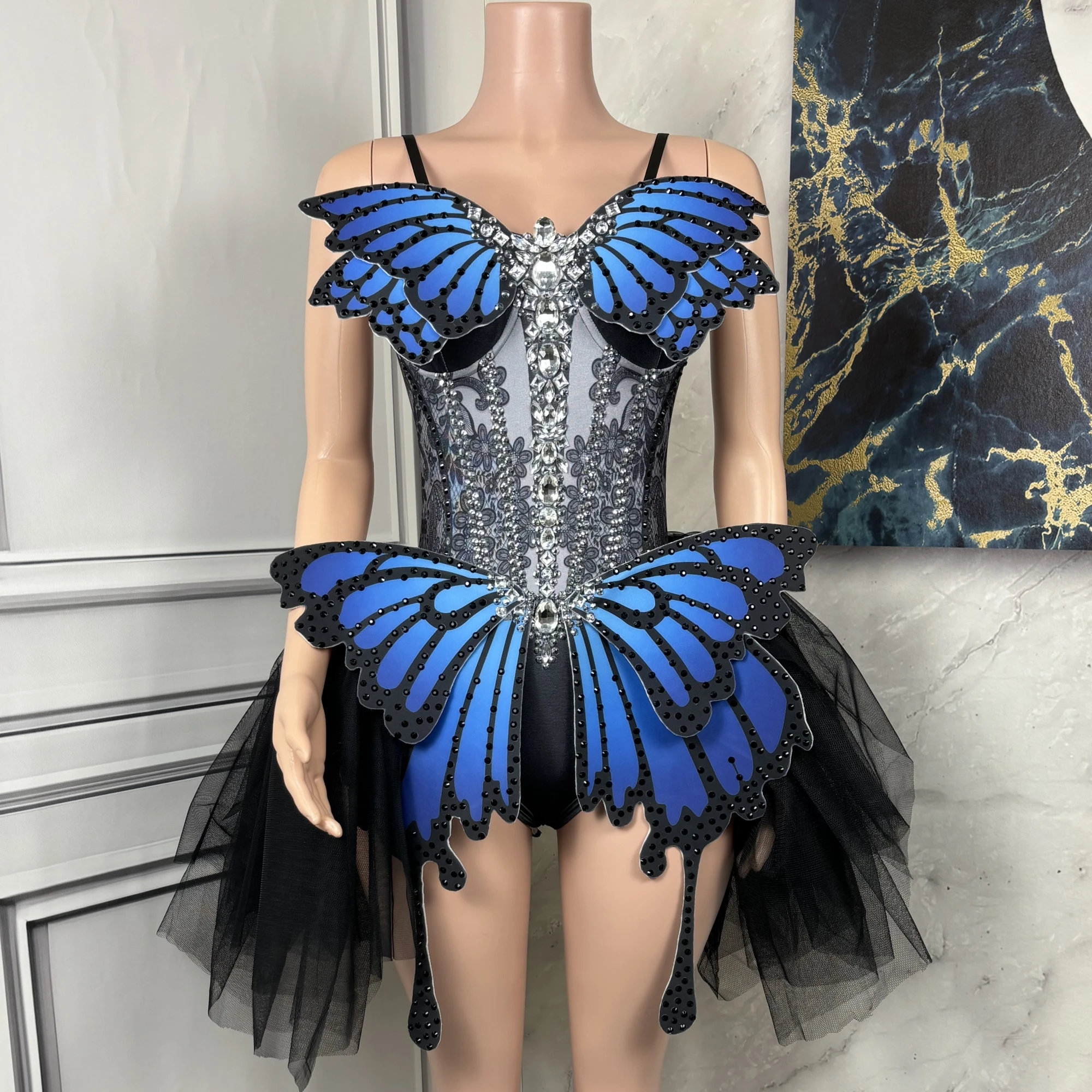 

Butterfly Appliques Splicing Mesh Sexy A-line Sheath Dress Evening Party Performance Costume Bar Nightclub Singer Stage Wear