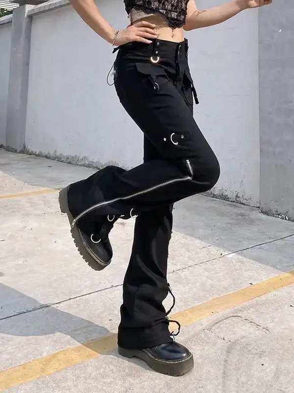 Flared Jeans Zipper Design Dark Punk Y2k Low Waist Low Rise Pants Gothic Women Black Fashion Streetwear