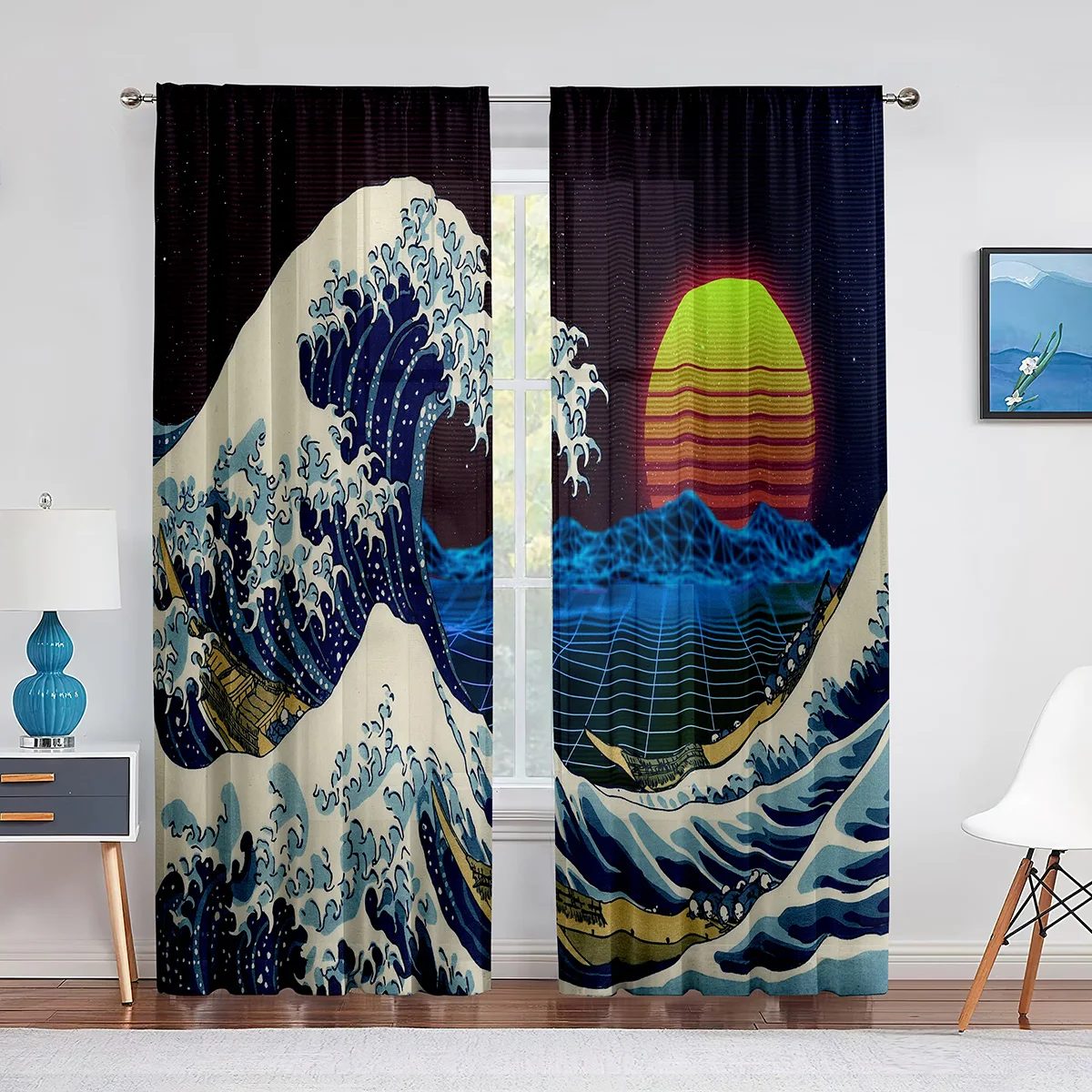 Oriental Culture Hand Drawn Style Japanese Motifs Illustration Wave Tulle Curtains for Living Room Bedroom Sheer Curtain Kitchen