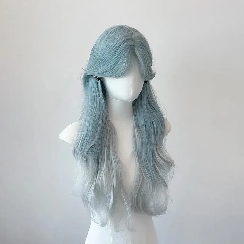 Pelucas sintéticas de pelo rizado largo para mujer, pelo rizado largo de Color verde, color rosa menta, con flequillo, Cosplay, para fiesta diaria