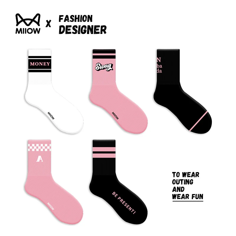 MiiOW 5 paia Fashion Designer Pink Socks Set Harajuku Striped Plaid Letter calze alla moda Swag Mid Tube Cotton Sock for Girls