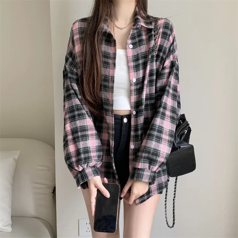 Customization New 2025 Women Shirt Long Sleeve Collared Button Up Oversized Plaid Shirt Flannel Jacket Grunge Teenage Girl Sprin
