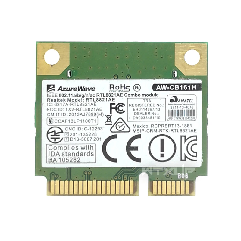 Azurewave-cartão wifi aw-cb161h rtl8821ae, 433mbps dual band, 2.4/5ghz, 802.11ac, bluetooth 4.0, mini placa de rede sem fio pci-e