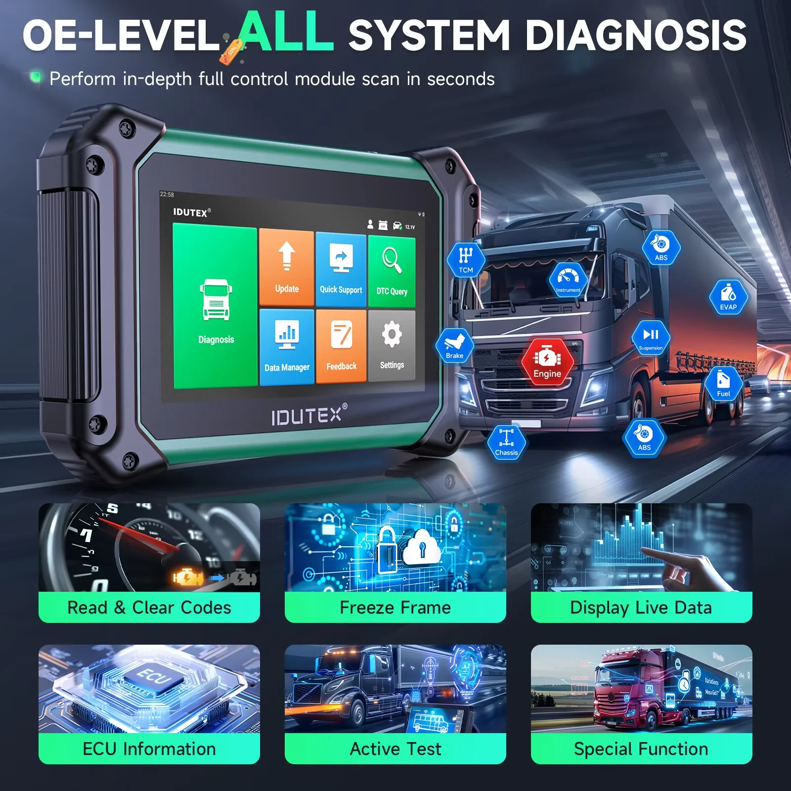 IDUTEX TS710 Heavy Duty Truck Diesel Diagnostic Scanner DPF Regen Injector Idle Speed Limit Adjustment Actuation Test 42+ Resets
