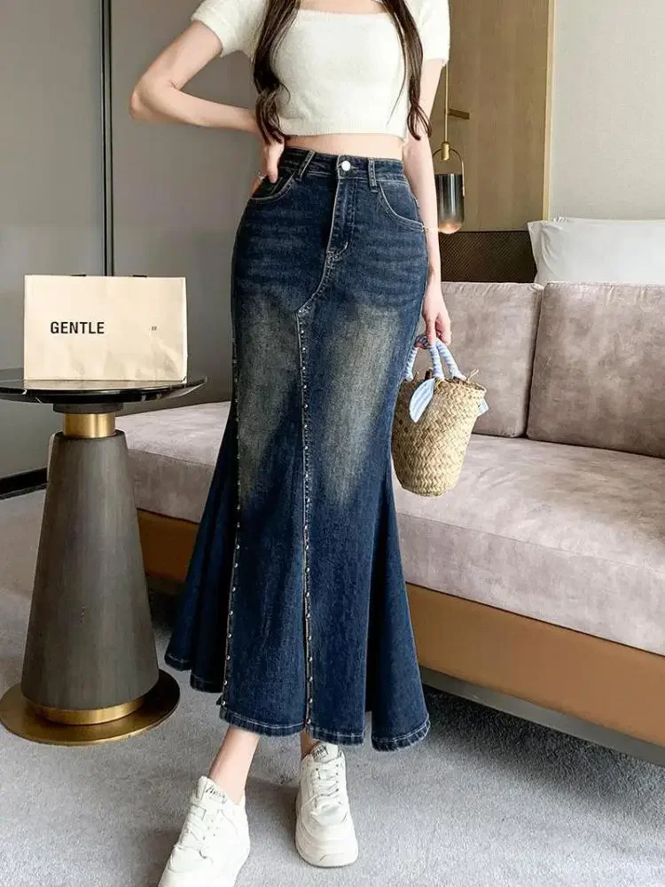 

Spring Autumn Women's Blue Denim A-line Wrapped Hip Fishtail Long Skirt Korean High Waist Slit Jean Skirts Women Y2k Streetwear