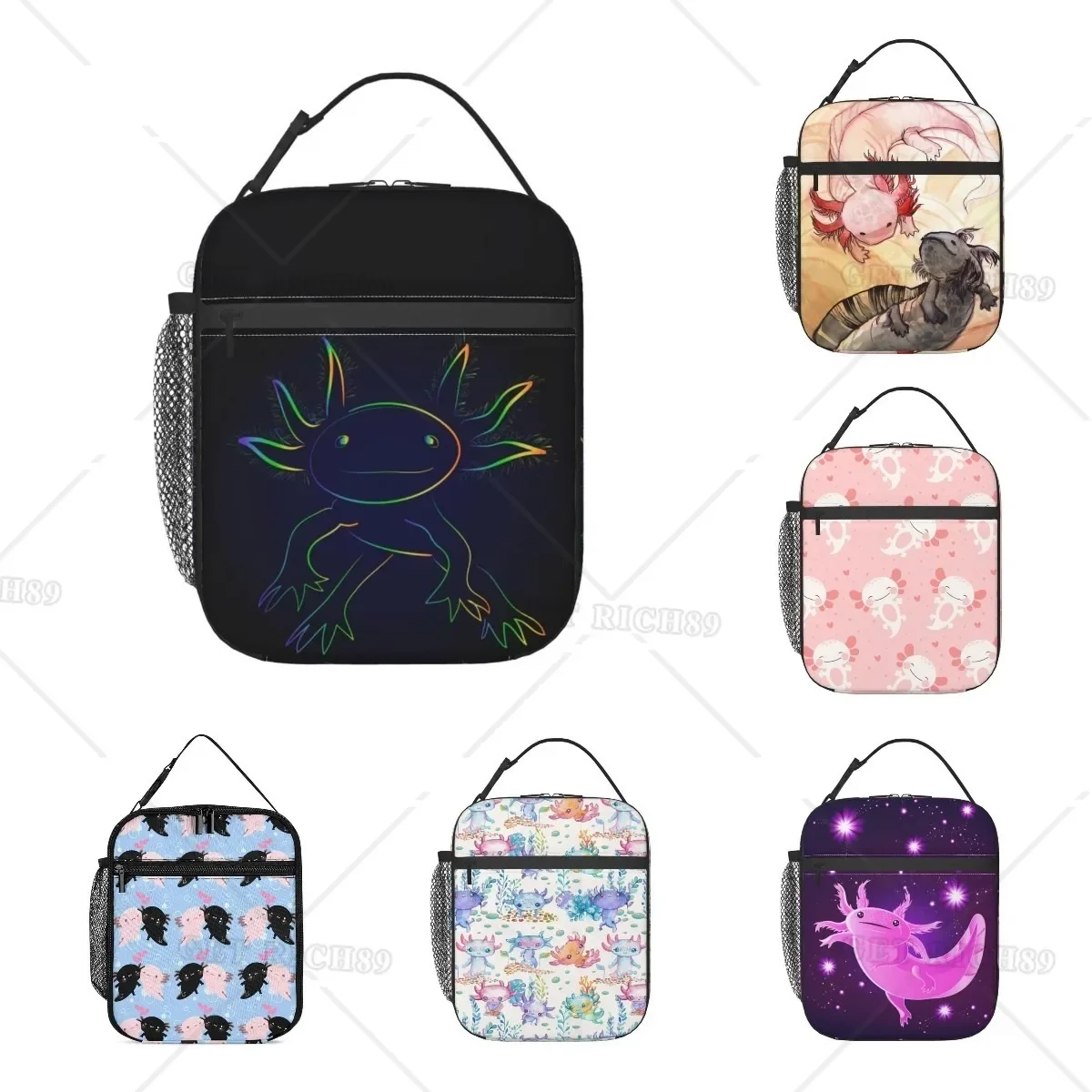 Stylized Rainbow Axolotl Print Insulated Lunch Bag Reusable Portable Lunch Box Keep Warm/Cool Tote Bag with Pocket for Work