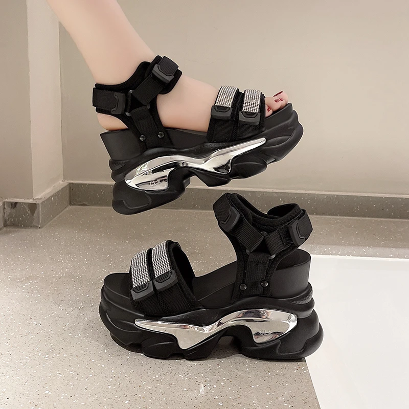 

10CM High Heels Ladies Crystal Beach Slippers Chunky Shoes Platform Bling Sandals Women Summer Wedges sandalias de mujer