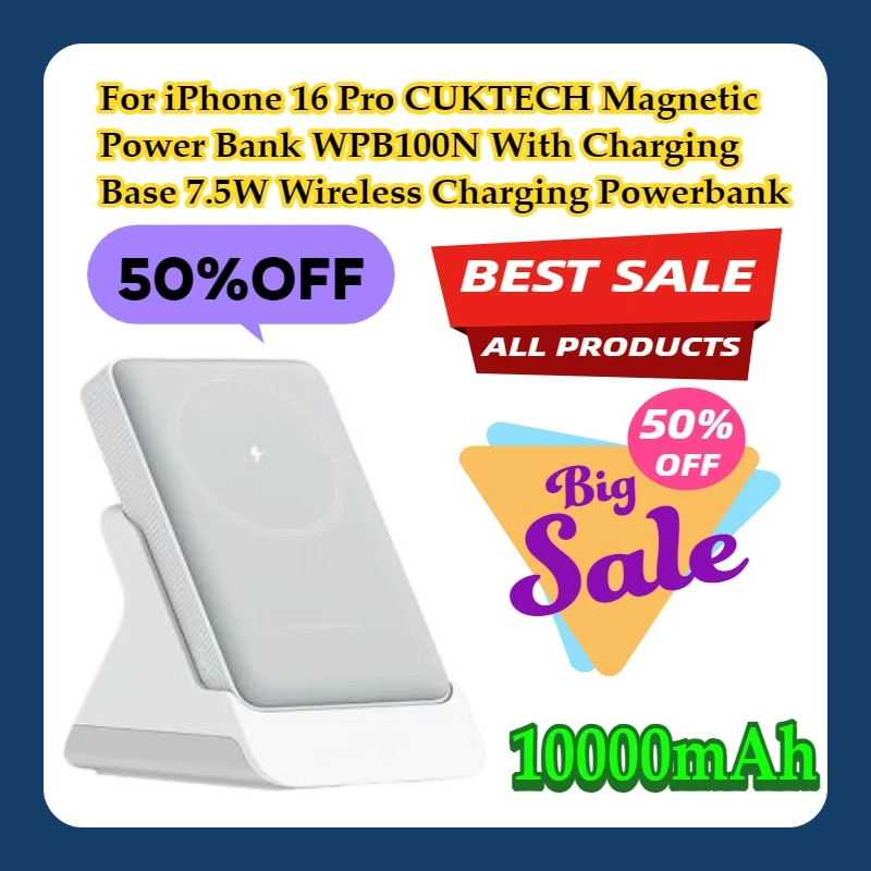 

For iPhone 16 Pro CUKTECH Magnetic Power Bank 10000mAh WPB100N With Charging Base 7.5W Wireless Charging Powerbank